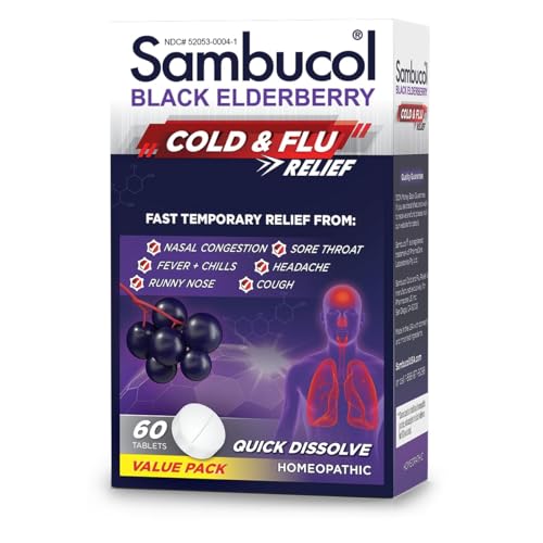 Sambucol Cold and Flu Relief Tablets Homeopathic Cold Medicine Cold Remedy for Adults Black Elderberry for Colds Zinc Cold Remedy 60 Count